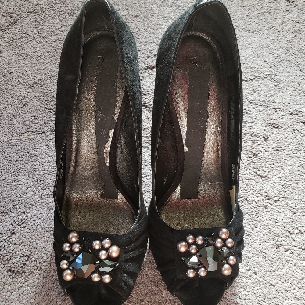 Black Suede Peep Toe Pumps